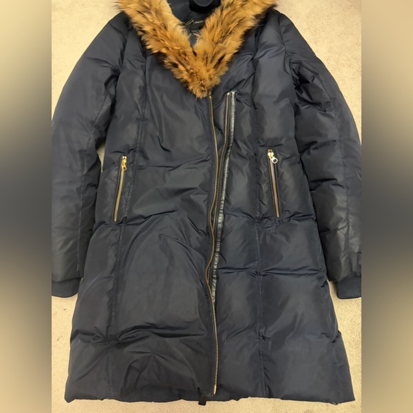 Mackage Dark Blue Puffer Coat with Brown Fur Trim - Picture 2 of 11